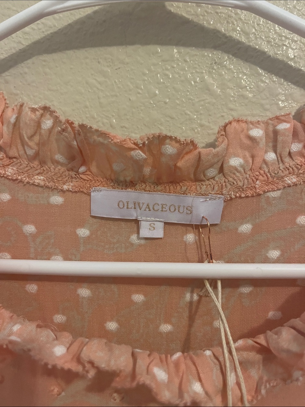Olivaceous Peach Dot Ruffle Neck Peplum Blouse - Picture 2 of 5